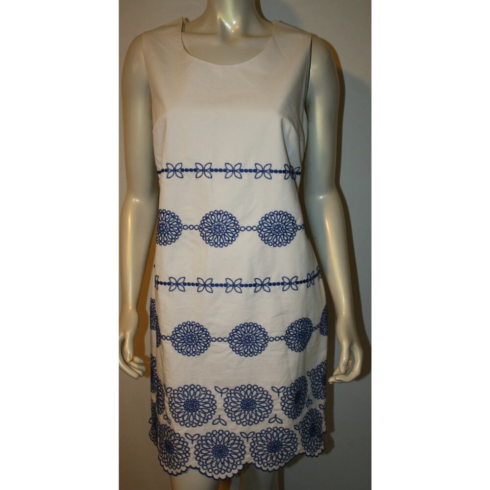 BODEN White Dress US 10R Navy Blue Embroidered Lace Scalloped Hem Sleeveless
